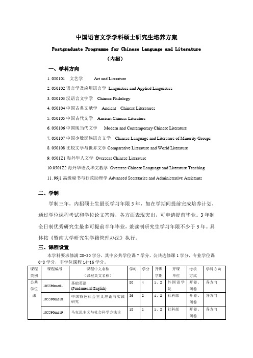 中国语言文学学科硕士研究生培养方案