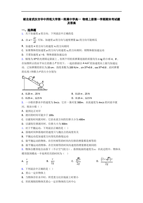 湖北省武汉市华中师范大学第一附属中学高一 物理上册第一学期期末考试题及答案