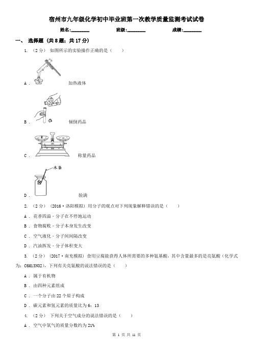宿州市九年级化学初中毕业班第一次教学质量监测考试试卷