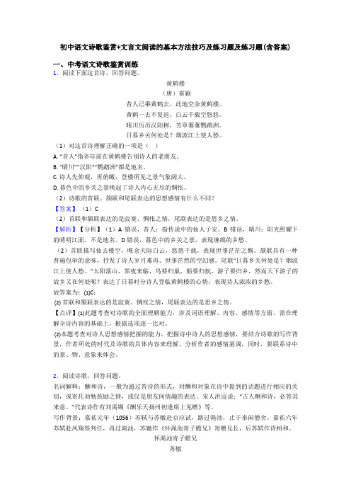 初中语文诗歌鉴赏+文言文阅读的基本方法技巧及练习题及练习题(含答案)