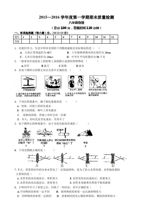 2015-2016学年第一学期八年级物理期末试卷及答案