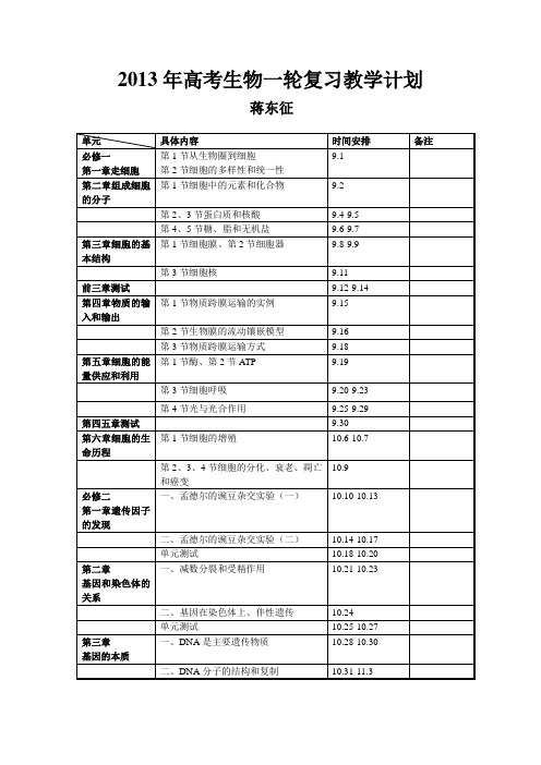 2013年高考生物一轮复习教学计划