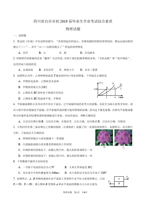 四川省自贡市初2019届毕业生学业考试综合素质物理试题