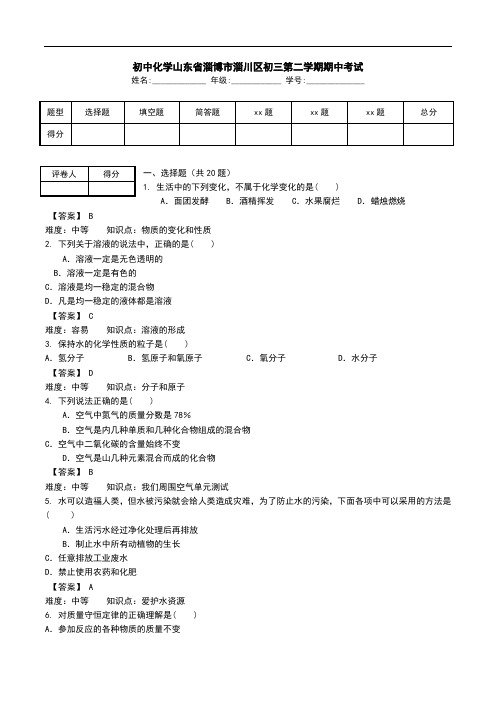 初中化学山东省淄博市淄川区初三第二学期期中考试.doc