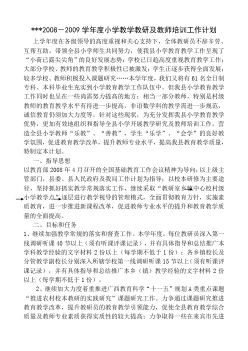 2008-2009学年度小学教学教研及教师培训工作计划