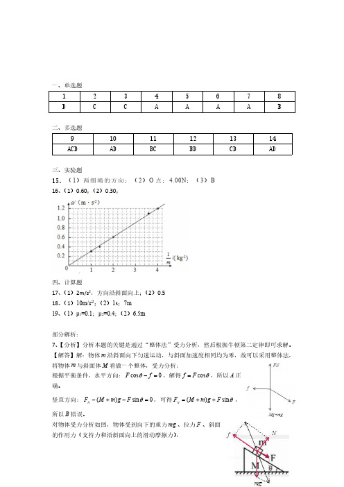 2019-2020学年南通中学高一上物理第二次月考试题解析