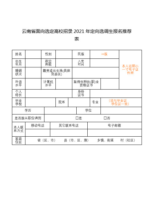 云南省面向选定高校招录2021年定向选调生报名推荐表【模板】