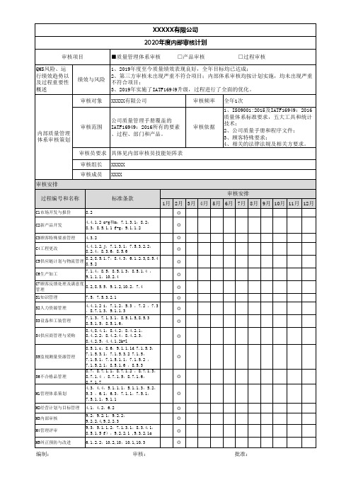年度内部审核计划-2020年度