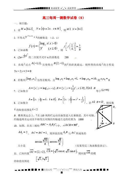 上海市2015届高三数学每周一测试卷(09)