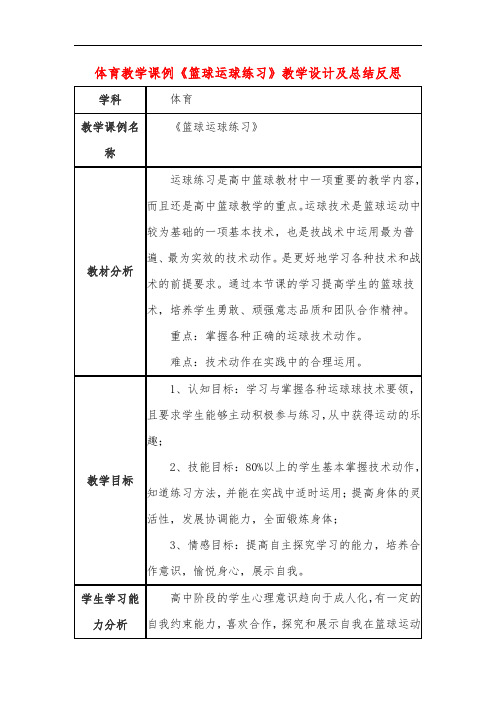 高中体育教学课例《篮球运球练习》课程思政核心素养教学设计及总结反思