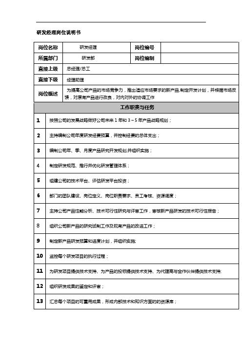 研发经理岗位说明书
