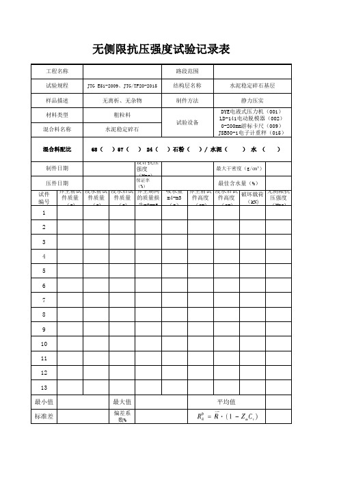 无侧限抗压强度试验原始记录