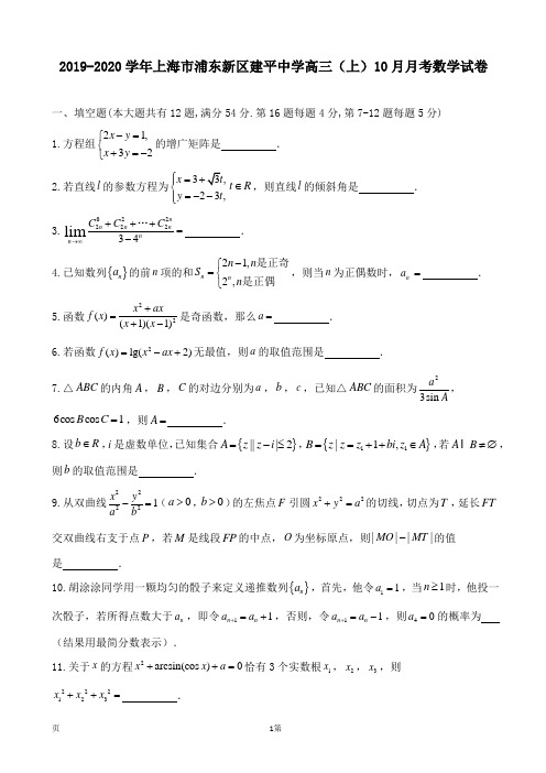 2019-2020学年上海市浦东新区建平中学高三(上)10月月考数学试卷