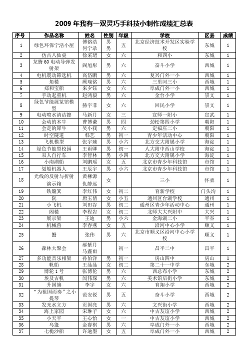 2009年我有一双灵巧手科技小制作成绩汇总表