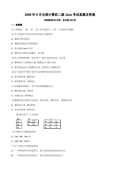 2006年9月全国计算机二级Java考试真题及答案