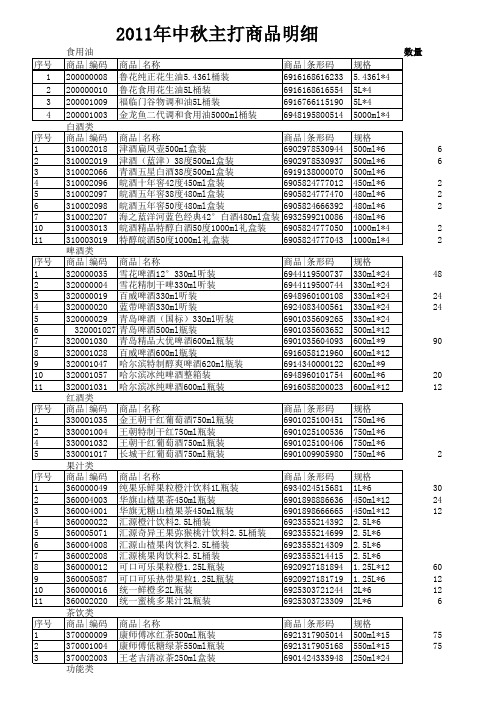 中秋主打商品明细表
