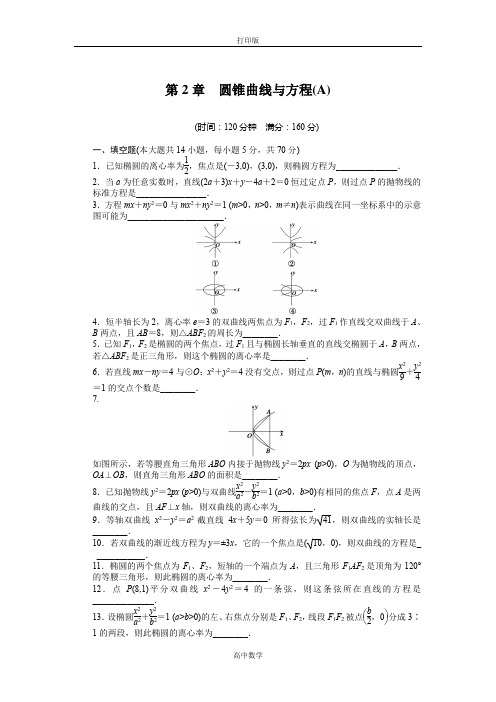 苏教版数学高二-高中数学苏教版选修1-1第2章《圆锥曲线与方程》单元检测(A)