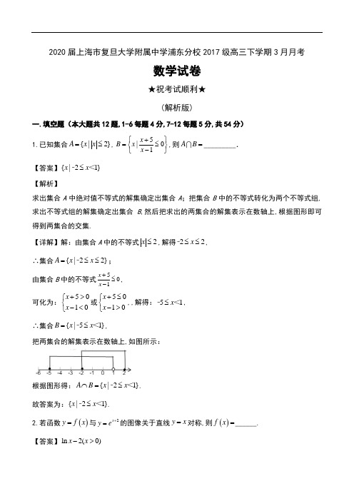 2020届上海市复旦大学附属中学浦东分校2017级高三下学期3月月考数学试卷及解析