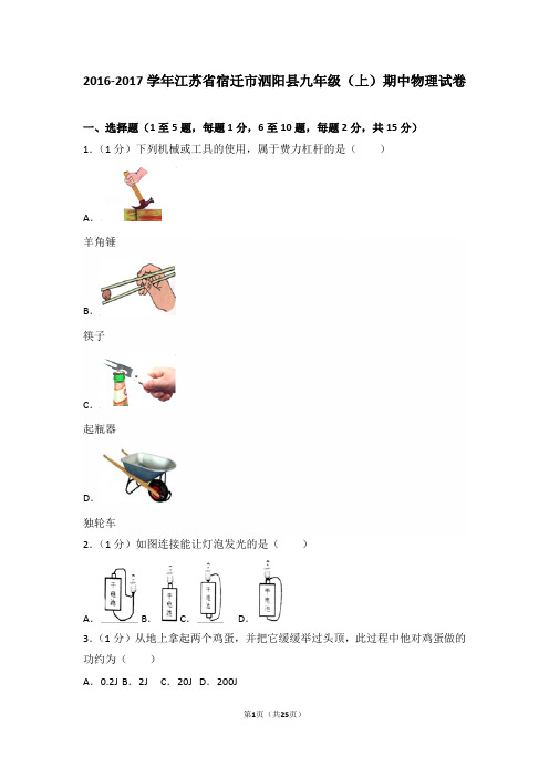 2016-2017学年江苏省宿迁市泗阳县九年级(上)期中物理试卷和答案