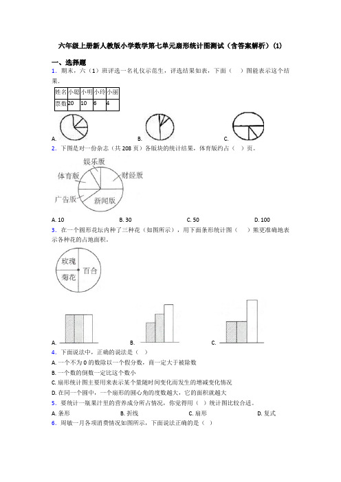 六年级上册新人教版小学数学第七单元扇形统计图测试(含答案解析)(1)