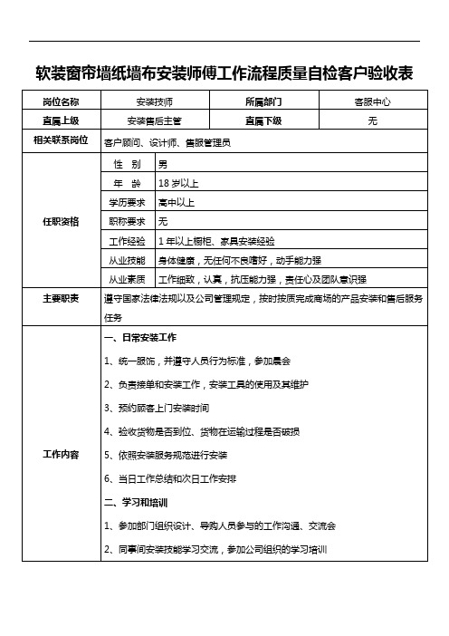 定制家居橱柜衣柜安装师傅工作流程质量自检客户验收表