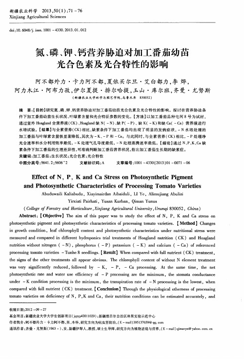 氮、磷、钾、钙营养胁迫对加工番茄幼苗光合色素及光合特性的影响