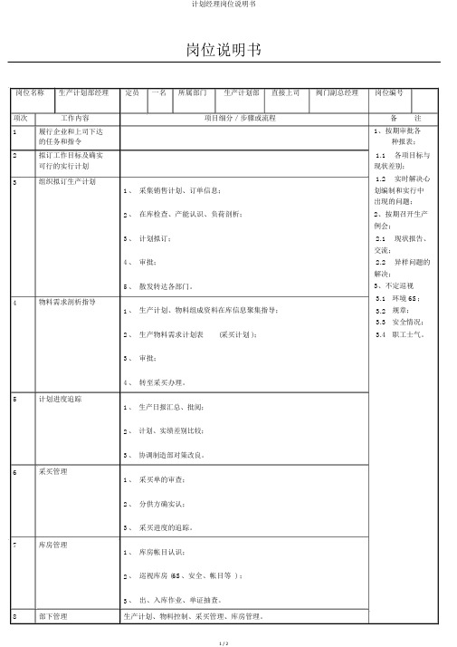 计划经理岗位说明书