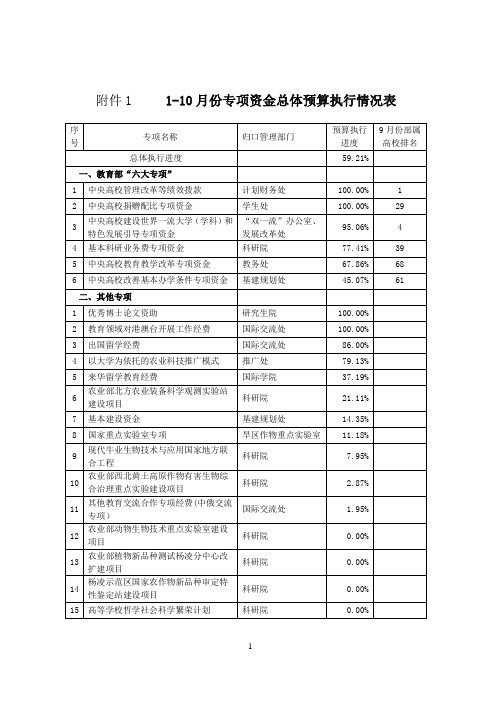 10月份专项资金总体预算执行情况表