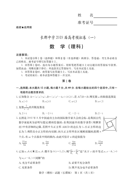 湖南省长郡中学2019届高三下学期第一次模拟考试数学(理)试题(含答案)