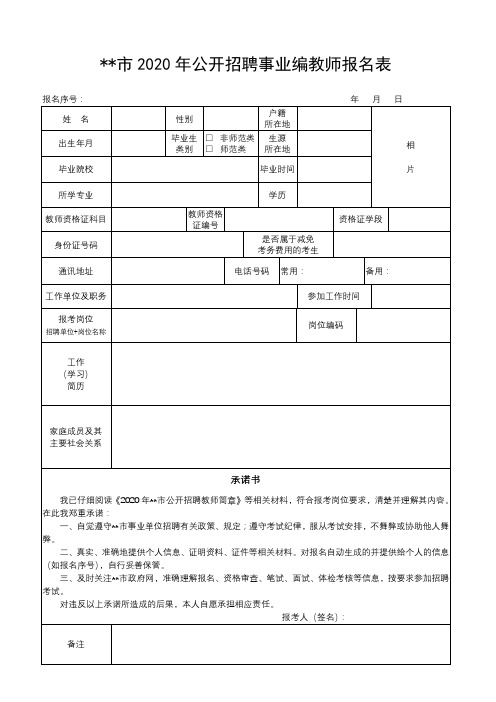 安丘市2020年公开招聘事业编教师报名表【模板】