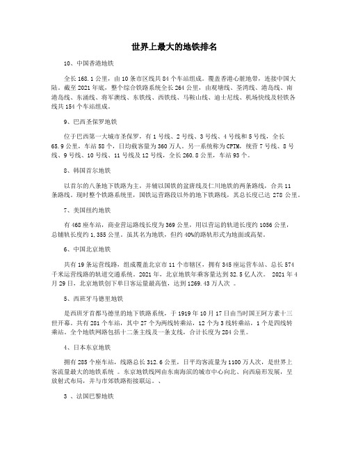 世界上最大的地铁排名