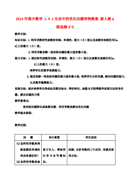 高中数学 1.4 1生活中的优化问题举例教案 新人教A版选修2-2