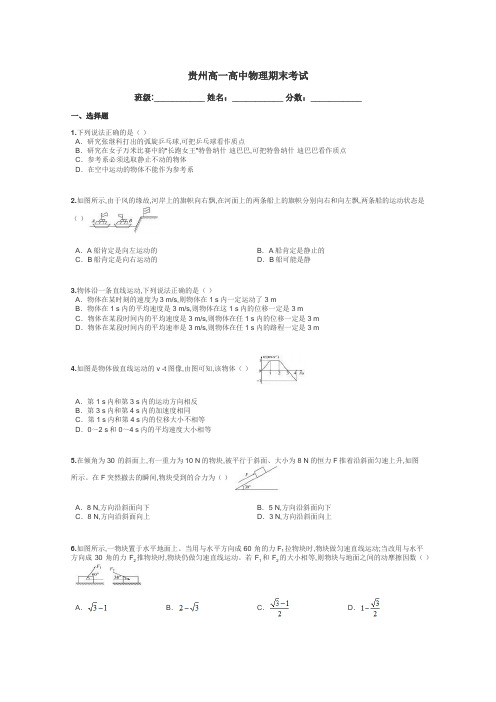 贵州高一高中物理期末考试带答案解析
