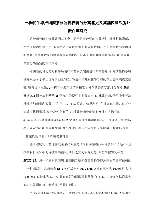 一株牦牛源产细菌素植物乳杆菌的分离鉴定及其基因组和胞外蛋白组研究