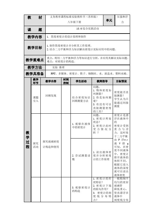 苏科版八年级下册物理 10.6综合实践活动 制作简易的密度计 教案设计