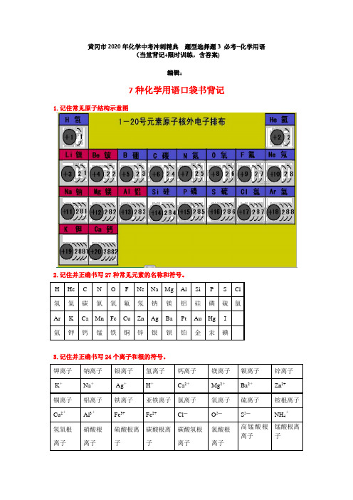 题型选择题3 必考--化学用语--湖北省黄冈市2020年化学中考冲刺精典当堂背记+限时训练