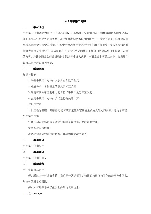 高中物理第4章第3节 4.3牛顿第2定律教案(新人教版必修1)(2篇)