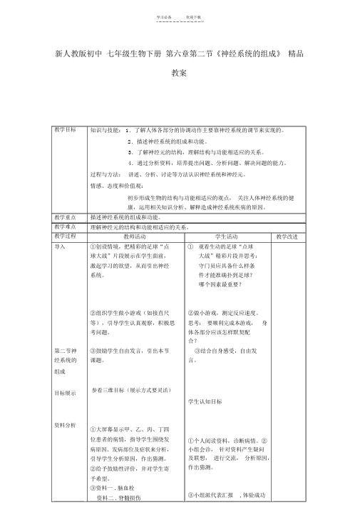 新人教版初中七年级生物下册第六章第二节《神经系统的组成》精品教案