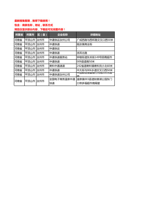 新版河南省平顶山市汝州市中通快递企业公司商家户名录单联系方式地址大全10家