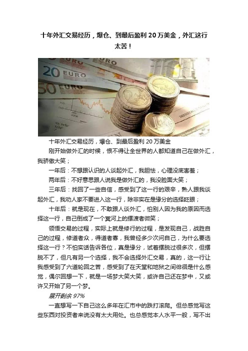 十年外汇交易经历，爆仓、到最后盈利20万美金，外汇这行太苦！