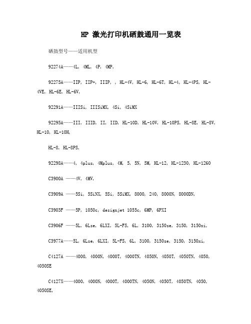 HP激光打印机硒鼓通用一览表