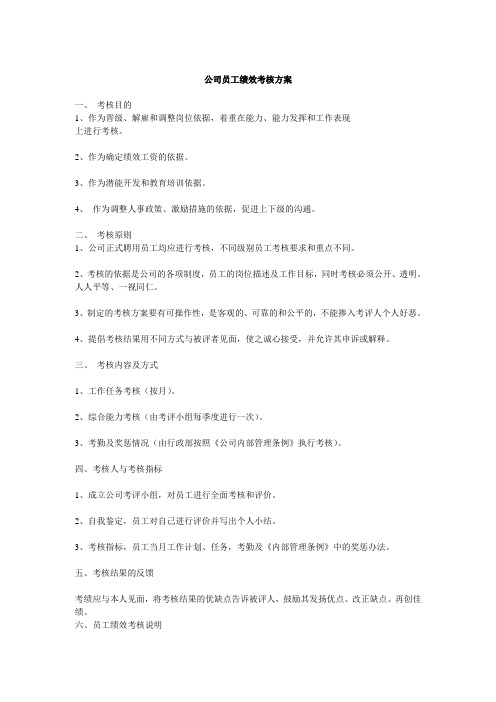 公司员工绩效考核方案一考核目的作为晋级解雇和调整岗位依据
