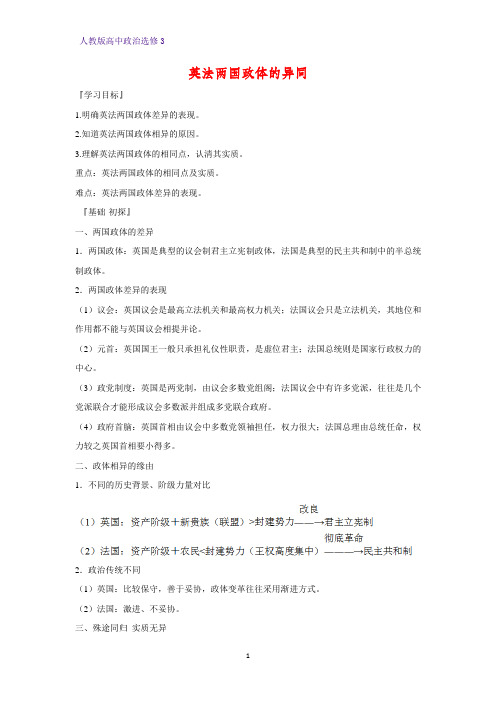 高中政治选修3精品学案4：2.4 英法两国政体的异同学案