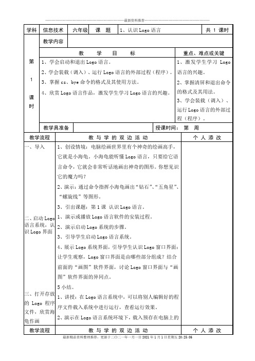 XXXX-XXXX学年福建教育出版社信息技术六年级下册教案