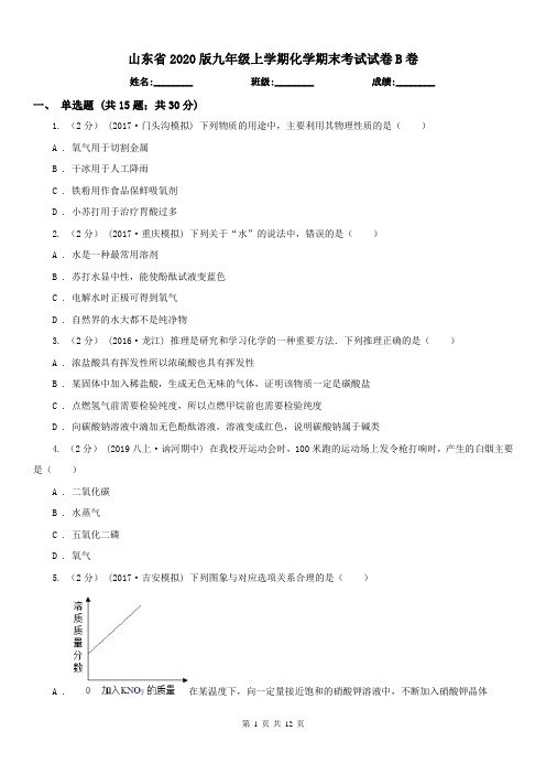 山东省2020版九年级上学期化学期末考试试卷B卷(模拟)