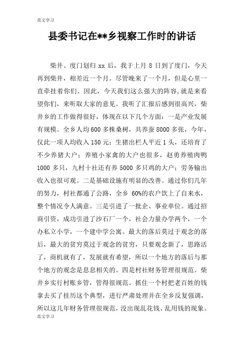 【范文学习】县委书记在--乡视察工作时的重要说话发言