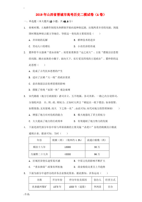山西省晋城市高考历史二模试卷(A卷,含解析)-人教版高三全册历史试题