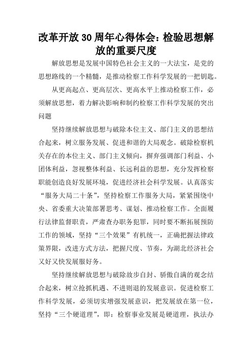 改革开放30周年心得体会：检验思想解放的重要尺度