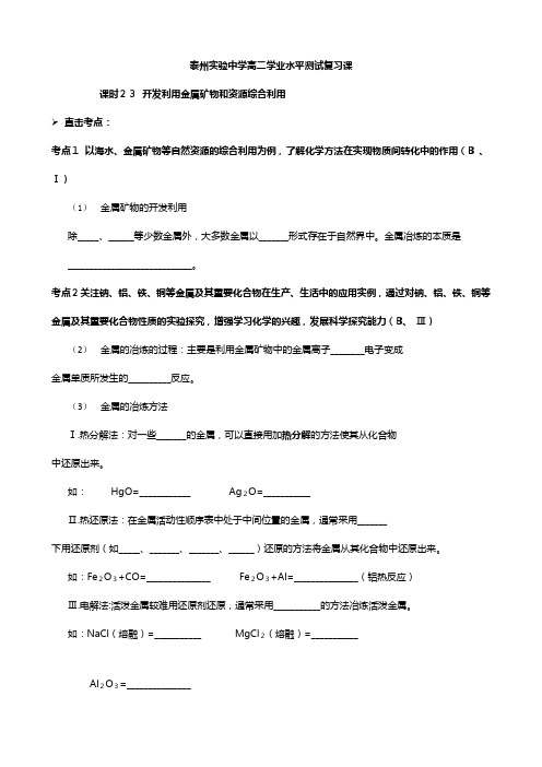 泰州实验中学学业水平测试复习教学案：课时 开发利用金属矿物和资源综合利用 