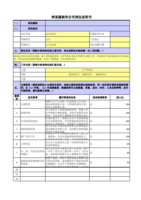 某央企煤炭集团岗位职责梳理表生产技术部-综合科科长